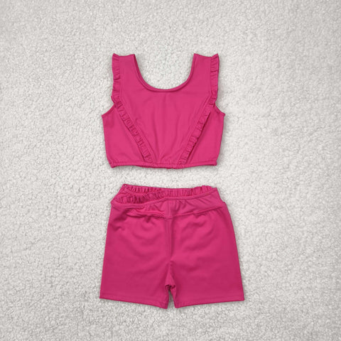 GSSO2284 Hot Pink Ruffles Yoga Girls Shorts Set