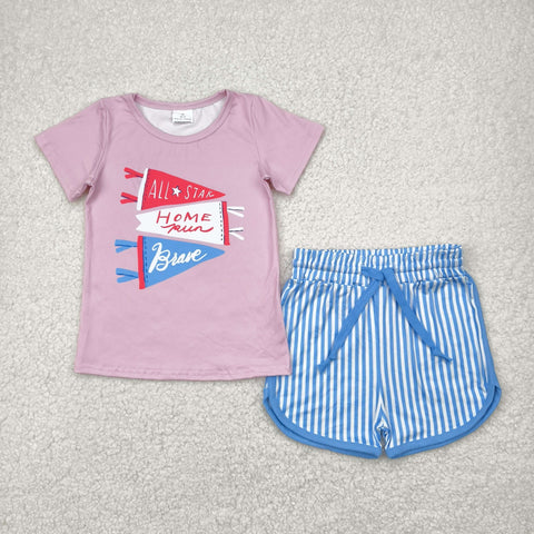 GSSO2288 July 4th Home Run Brave Stripe Girls Shorts Set