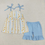 GSSO2302 Flower Sky Blue Yellow Girls Shorts Set