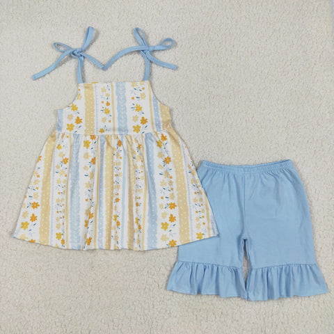 GSSO2302 Flower Sky Blue Yellow Girls Shorts Set