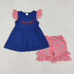 GSSO2314 Embroidery Back To School Apple Blue Girls Shorts Set