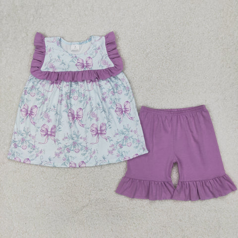 GSSO2315 Flower Bows Purple Girls Shorts Set