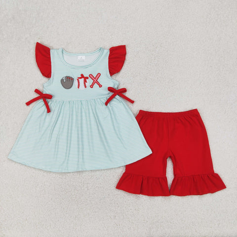 GSSO2317 Embroidery Baseball Red Girls Shorts Set