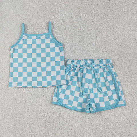 GSSO2332 Summer Sports Blue Plaid Girls Shorts Set