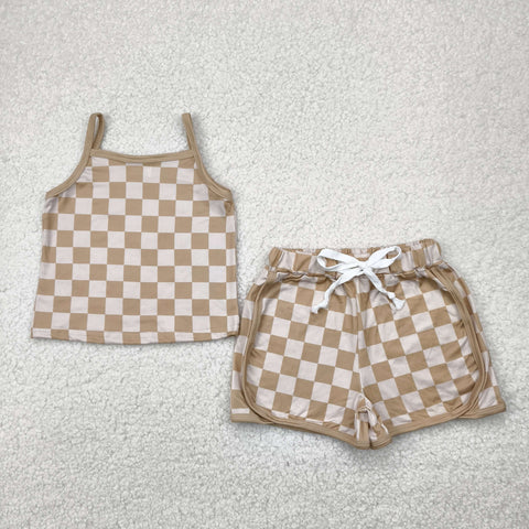 GSSO2335 Summer Sports Brown Plaid Girls Shorts Set