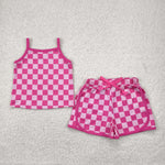 GSSO2336 Summer Sports Pink Plaid Girls Shorts Set