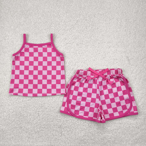 GSSO2336 Summer Sports Pink Plaid Girls Shorts Set