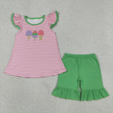 GSSO2349 Embroidery Summer Popsicle Green Girls Shorts Set