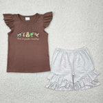 GSSO2353 Embroidery This is god's country Brown Girls Shorts Set