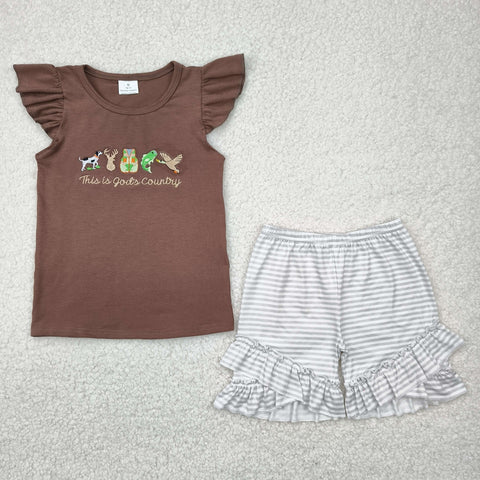 GSSO2353 Embroidery This is god's country Brown Girls Shorts Set