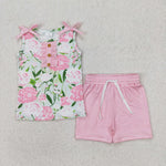 GSSO2357 Summer Flower Pink Stripe Girls Shorts Set