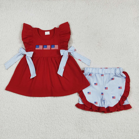 GSSO2375 Embroidery USA Flag 4th Of July Red Girls Shorts Set