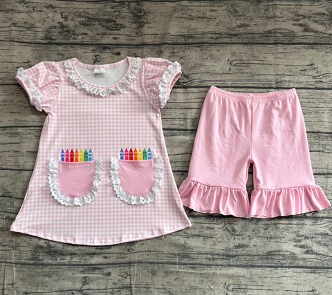 Preorder GSSO2388 Back To School Crayon Pink Girls Shorts Set