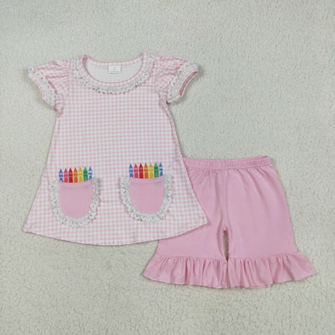 GSSO2388 Back To School Crayon Pink Girls Shorts Set