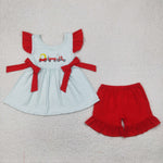 GSSO2404 Embroidery Gold Cart Red Girls Shorts Set