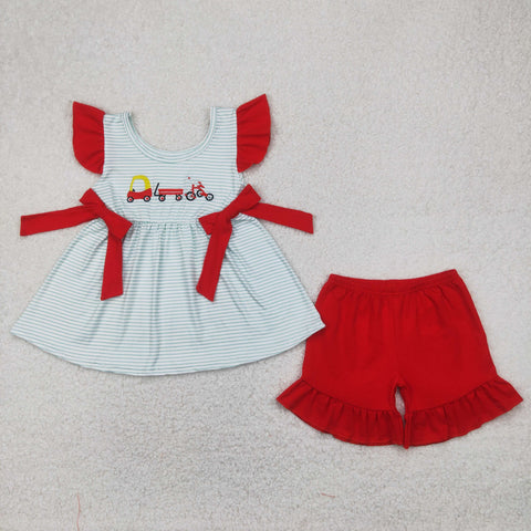 GSSO2404 Embroidery Gold Cart Red Girls Shorts Set