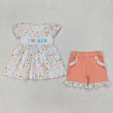 GSSO2408 Embroidery I Love MOM Orange Girls Shorts Set