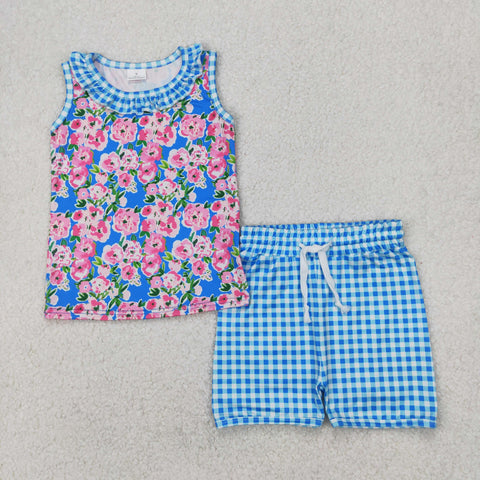GSSO2414 Flower Blue Plaid Sleeveless Girls Shorts Set