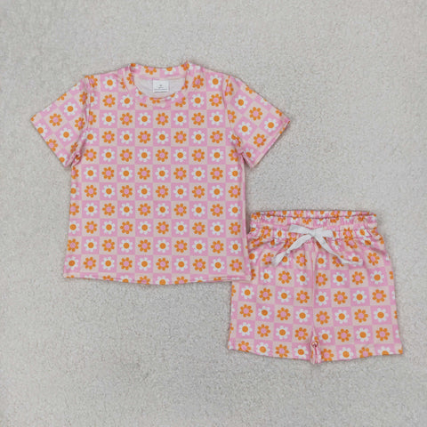 GSSO2425 Flower Plaid Pink Girls Shorts Set