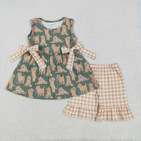 GSSO2449 Dog Green Plaid Girls Shorts Set