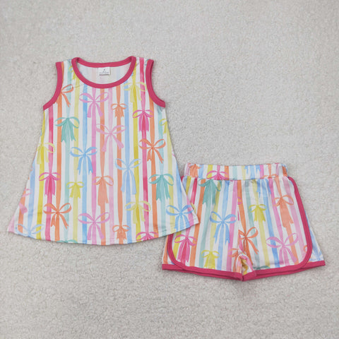 GSSO2465 Coquette Bows Colorful Stripe Girls Shorts Set