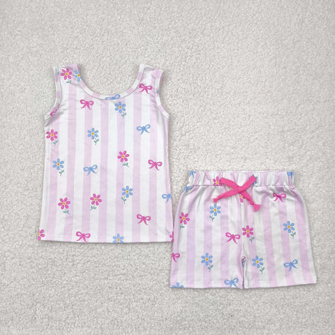 GSSO2476 Summer Flower Bows Pink Girls Shorts Set