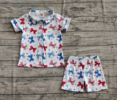 Preorder GSSO2484 America Bows Blue Buttons Girls Shorts Pajamas Set