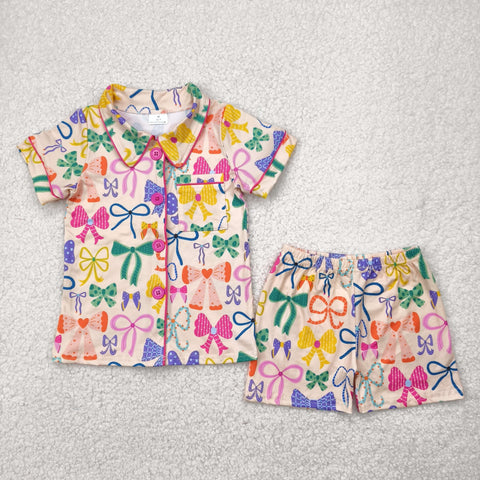 GSSO2487 Coquette Colorful Bows Buttons Girls Shorts Pajamas Set