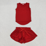 GSSO2499 Red Solid Color Yoga Sports Girls Shorts Set