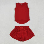 GSSO2499 Red Solid Color Yoga Sports Girls Shorts Set