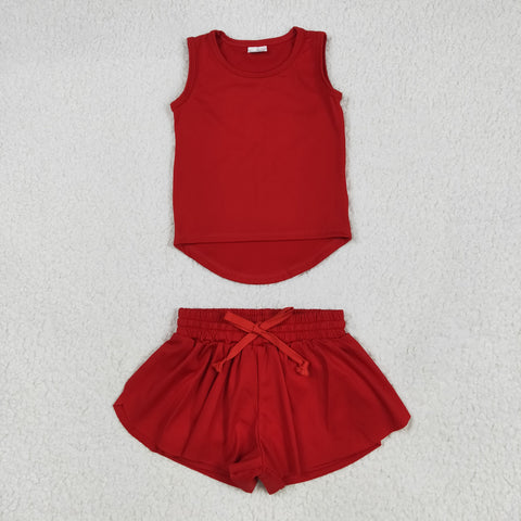 GSSO2499 Red Solid Color Yoga Sports Girls Shorts Set