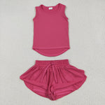 GSSO2500 Dark Pink Solid Color Yoga Sports Girls Shorts Set
