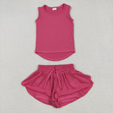 GSSO2500 Dark Pink Solid Color Yoga Sports Girls Shorts Set