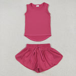 GSSO2500 Dark Pink Solid Color Yoga Sports Girls Shorts Set