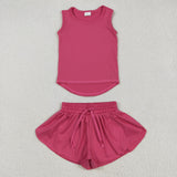 GSSO2500 Dark Pink Solid Color Yoga Sports Girls Shorts Set