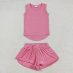 GSSO2501 Pink Solid Color Yoga Sports Girls Shorts Set