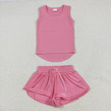 GSSO2501 Pink Solid Color Yoga Sports Girls Shorts Set