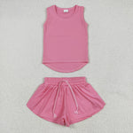 GSSO2501 Pink Solid Color Yoga Sports Girls Shorts Set