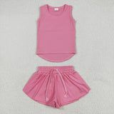 GSSO2501 Pink Solid Color Yoga Sports Girls Shorts Set