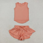GSSO2502 Orange Solid Color Yoga Sports Girls Shorts Set