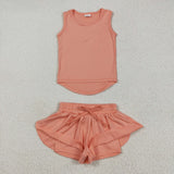 GSSO2502 Orange Solid Color Yoga Sports Girls Shorts Set