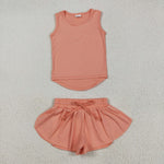GSSO2502 Orange Solid Color Yoga Sports Girls Shorts Set