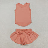 GSSO2502 Orange Solid Color Yoga Sports Girls Shorts Set