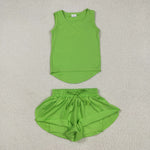 GSSO2503 Green Solid Color Yoga Sports Girls Shorts Set