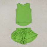GSSO2503 Green Solid Color Yoga Sports Girls Shorts Set