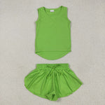 GSSO2503 Green Solid Color Yoga Sports Girls Shorts Set