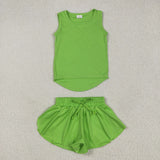 GSSO2503 Green Solid Color Yoga Sports Girls Shorts Set