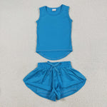 GSSO2504 Blue Solid Color Yoga Sports Girls Shorts Set