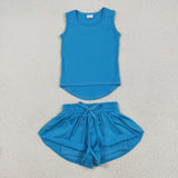 GSSO2504 Blue Solid Color Yoga Sports Girls Shorts Set