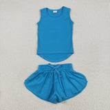 GSSO2504 Blue Solid Color Yoga Sports Girls Shorts Set